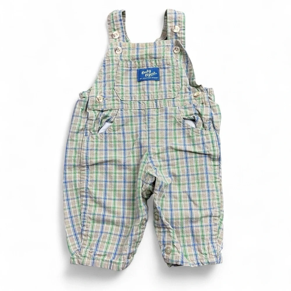 Vintage Oshkosh B'Gosh Overalls Baby 3-6 Months Beige Green Plaid Vestbak
